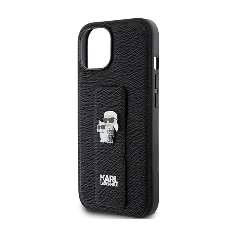 Karl Lagerfeld Gripstand Saffiano Karl & Choupette Pins – „iPhone 15 Plus“ dėklas (juodas)