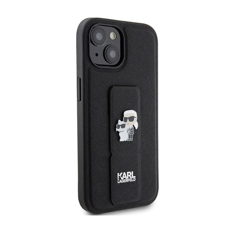 Karl Lagerfeld Gripstand Saffiano Karl & Choupette Pins – „iPhone 15 Plus“ dėklas (juodas)