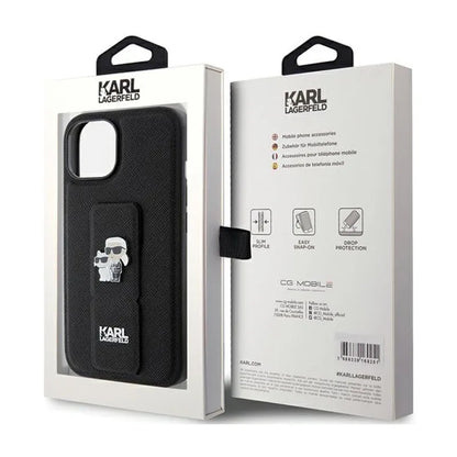 Karl Lagerfeld Gripstand Saffiano Karl & Choupette Pins – „iPhone 15 Plus“ dėklas (juodas)