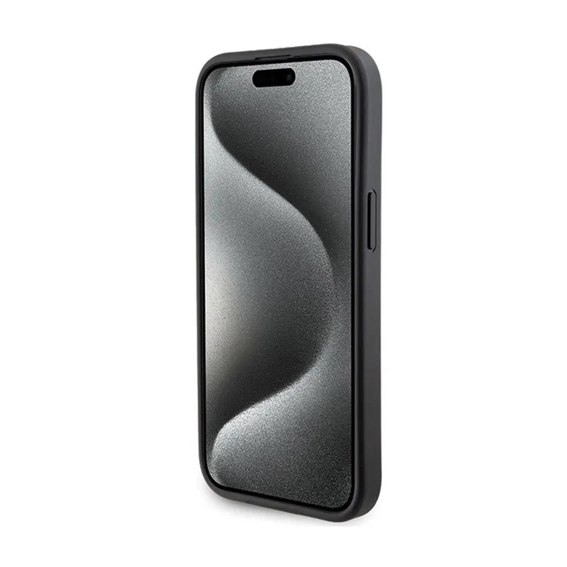 Karl Lagerfeld Gripstand Saffiano Karl & Choupette Pins – „iPhone 15 Plus“ dėklas (juodas)