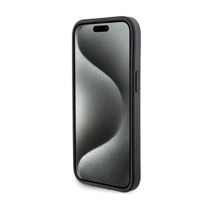 Karl Lagerfeld Gripstand Saffiano Karl & Choupette Pins – „iPhone 15 Plus“ dėklas (juodas)
