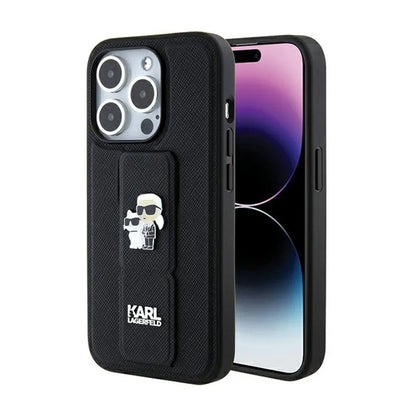 Karl Lagerfeld Gripstand Saffiano Karl & Choupette Pins - iPhone 15 Pro dėklas (juodas)