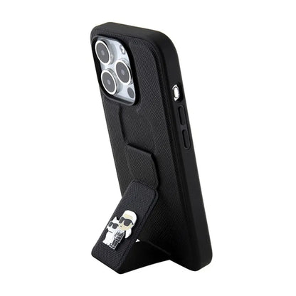 Karl Lagerfeld Gripstand Saffiano Karl & Choupette Pins - iPhone 15 Pro dėklas (juodas)
