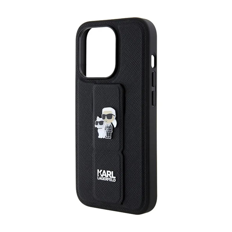 Karl Lagerfeld Gripstand Saffiano Karl & Choupette Pins - iPhone 15 Pro dėklas (juodas)