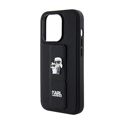Karl Lagerfeld Gripstand Saffiano Karl & Choupette Pins - iPhone 15 Pro dėklas (juodas)