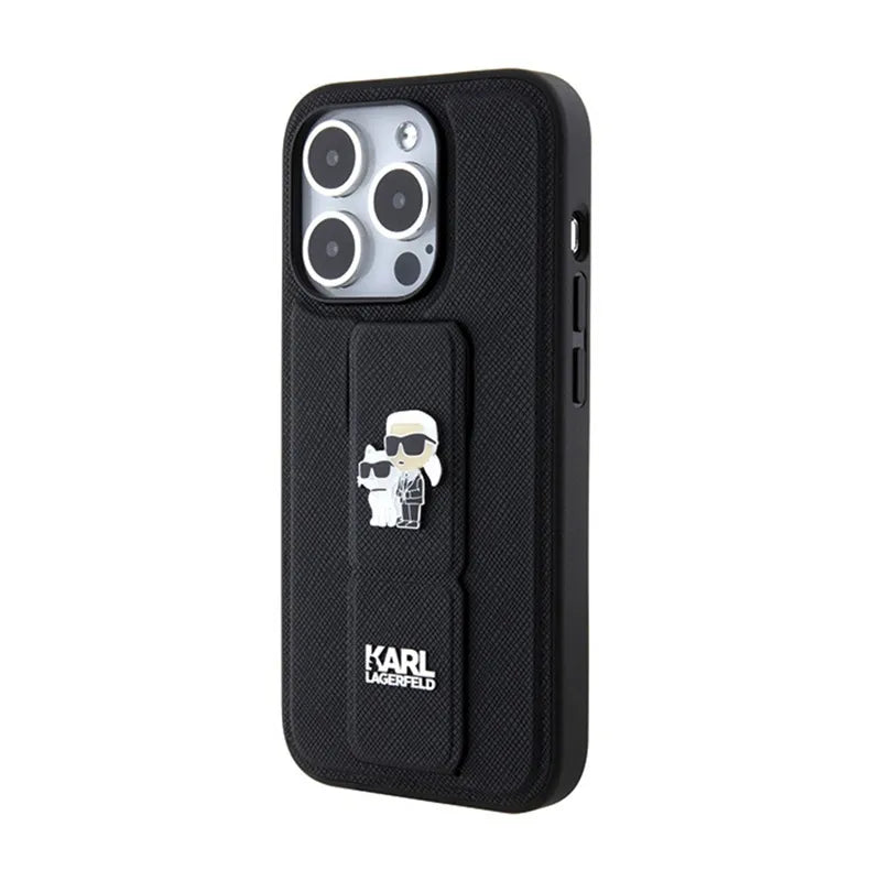 Karl Lagerfeld Gripstand Saffiano Karl & Choupette Pins - iPhone 15 Pro dėklas (juodas)