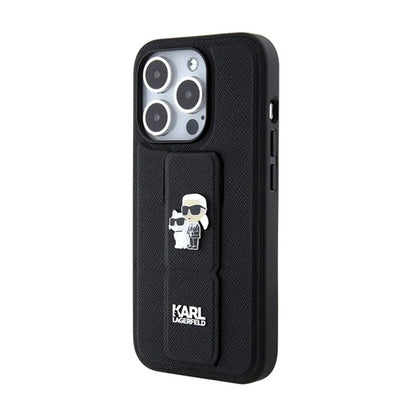 Karl Lagerfeld Gripstand Saffiano Karl & Choupette Pins - iPhone 15 Pro dėklas (juodas)