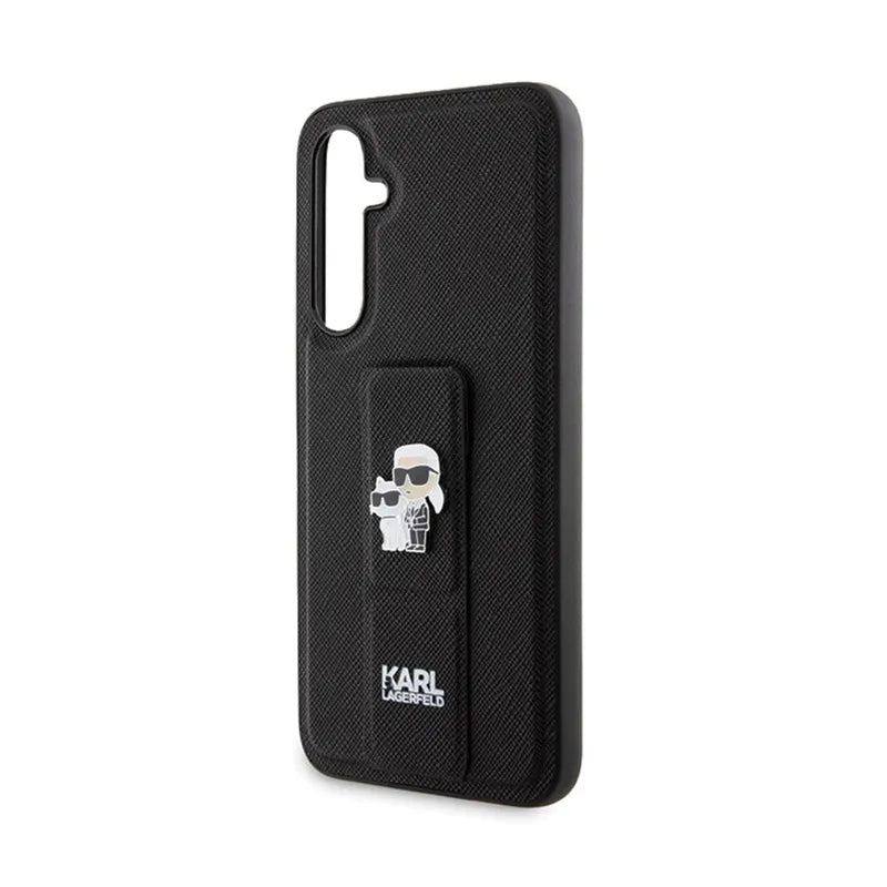 Karl Lagerfeld Gripstand Saffiano Karl & Choupette Pins - Samsung Galaxy S23 FE dėklas (juodas)