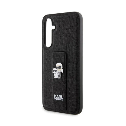 Karl Lagerfeld Gripstand Saffiano Karl & Choupette Pins - Samsung Galaxy S23 FE dėklas (juodas)