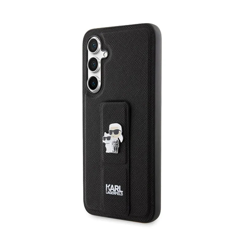 Karl Lagerfeld Gripstand Saffiano Karl & Choupette Pins - Samsung Galaxy S23 FE dėklas (juodas)