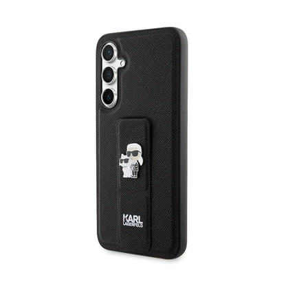 Karl Lagerfeld Gripstand Saffiano Karl & Choupette Pins - Samsung Galaxy S23 FE dėklas (juodas)