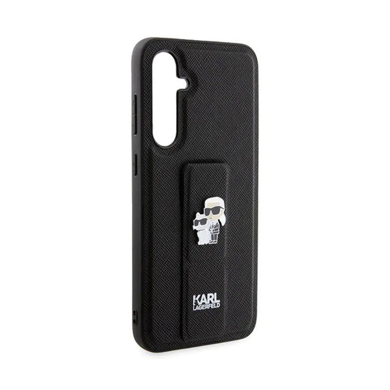 Karl Lagerfeld Gripstand Saffiano Karl & Choupette Pins - Samsung Galaxy S23 FE dėklas (juodas)