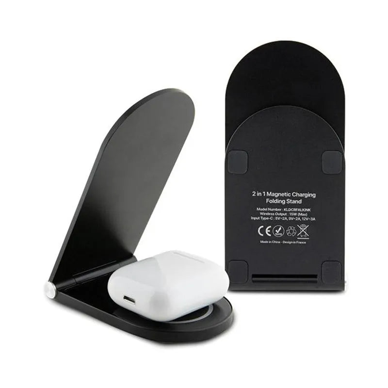 Karl Lagerfeld Ikonik MagSafe - sulankstomas 2-in-1 indukcinis įkroviklis su MagSafe, skirtas iPhone ir AirPods, 15W (juodas)