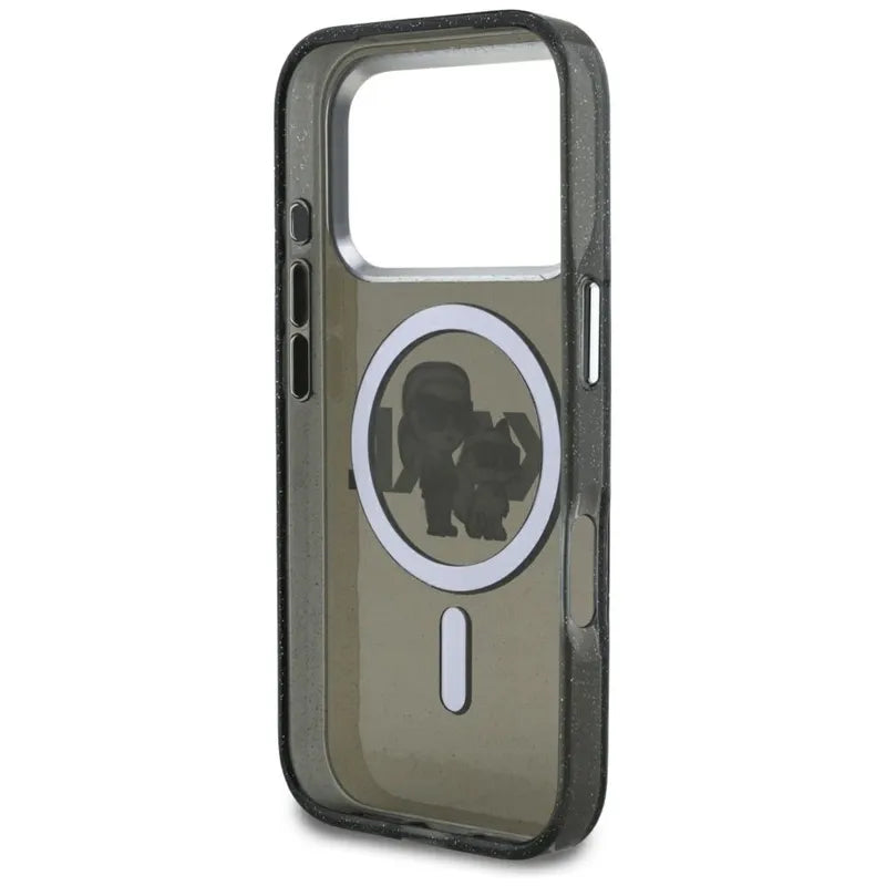 Karl Lagerfeld IML Blizgantis Karl & Choupette eskizo logotipas MagSafe - Dėklas iPhone 17 Pro (Juodas)
