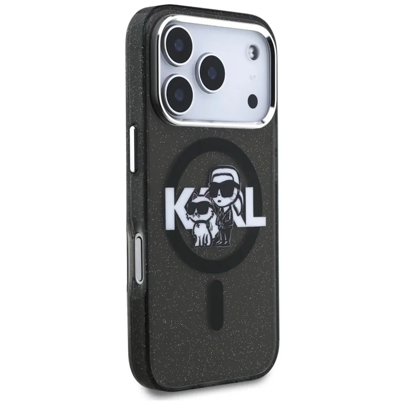 Karl Lagerfeld IML Blizgantis Karl & Choupette eskizo logotipas MagSafe - Dėklas iPhone 17 Pro (Juodas)