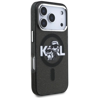 Karl Lagerfeld IML Blizgantis Karl & Choupette eskizo logotipas MagSafe - Dėklas iPhone 17 Pro (Juodas)