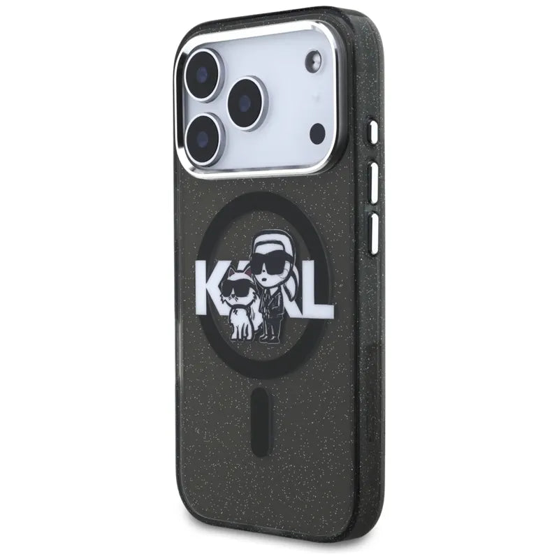 Karl Lagerfeld IML Blizgantis Karl & Choupette eskizo logotipas MagSafe - Dėklas iPhone 17 Pro (Juodas)