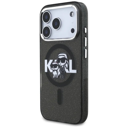 Karl Lagerfeld IML Blizgantis Karl & Choupette eskizo logotipas MagSafe - Dėklas iPhone 17 Pro (Juodas)