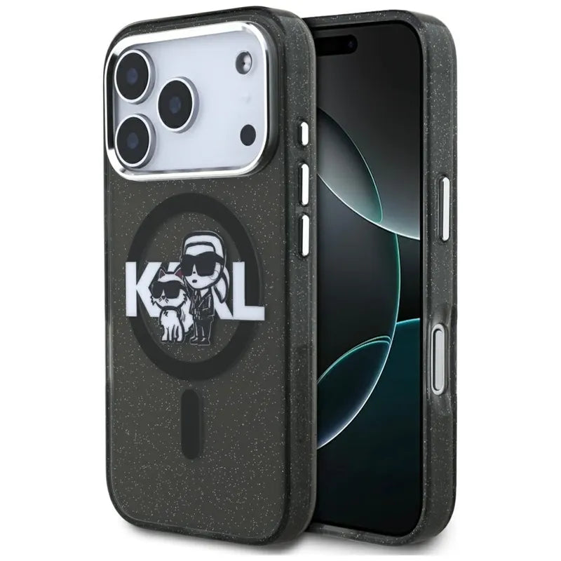 Karl Lagerfeld IML Blizgantis Karl & Choupette eskizo logotipas MagSafe - Dėklas iPhone 17 Pro (Juodas)