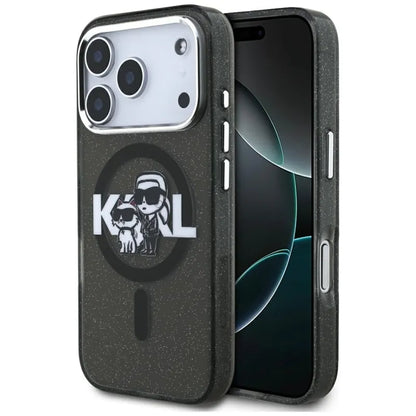 Karl Lagerfeld IML Blizgantis Karl & Choupette eskizo logotipas MagSafe - Dėklas iPhone 17 Pro (Juodas)