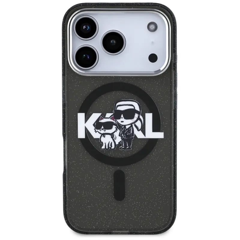 Karl Lagerfeld IML Blizgantis Karl & Choupette eskizo logotipas MagSafe - Dėklas iPhone 17 Pro (Juodas)