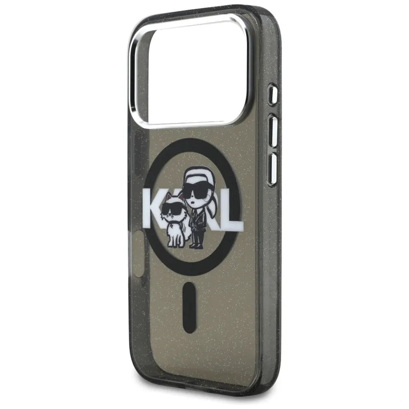 Karl Lagerfeld IML Blizgantis Karl & Choupette eskizo logotipas MagSafe - Dėklas iPhone 17 Pro (Juodas)