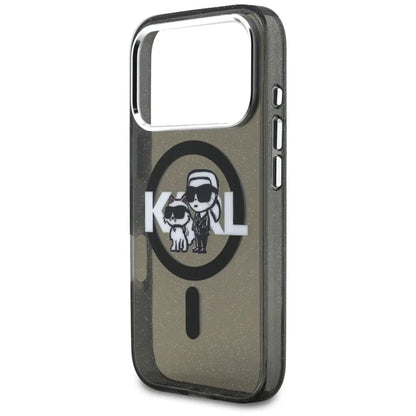 Karl Lagerfeld IML Blizgantis Karl & Choupette eskizo logotipas MagSafe - Dėklas iPhone 17 Pro (Juodas)