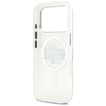 Karl Lagerfeld IML Blizgučiai Karl & Choupette eskizo logotipas MagSafe dėklas iPhone 17 Pro (permatomas)
