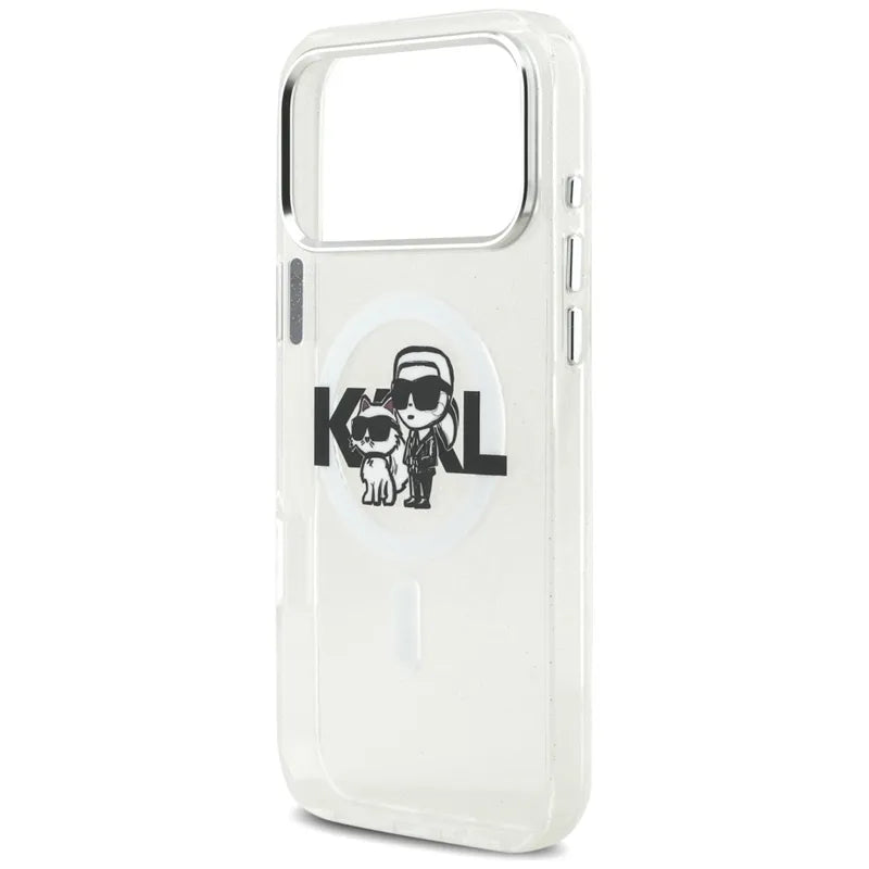 Karl Lagerfeld IML Blizgučiai Karl & Choupette eskizo logotipas MagSafe - Dėklas, skirtas iPhone 17 Pro Max (skaidrus)