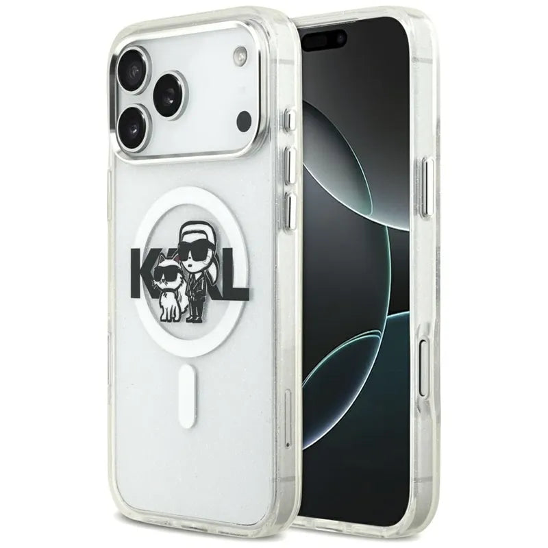 Karl Lagerfeld IML Blizgučiai Karl & Choupette eskizo logotipas MagSafe - Dėklas, skirtas iPhone 17 Pro Max (skaidrus)