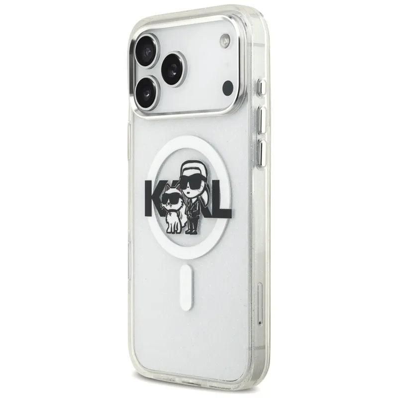 Karl Lagerfeld IML Blizgučiai Karl & Choupette eskizo logotipas MagSafe - Dėklas, skirtas iPhone 17 Pro Max (skaidrus)