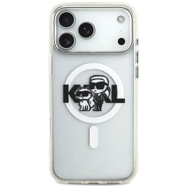Karl Lagerfeld IML Blizgučiai Karl & Choupette eskizo logotipas MagSafe - Dėklas, skirtas iPhone 17 Pro Max (skaidrus)