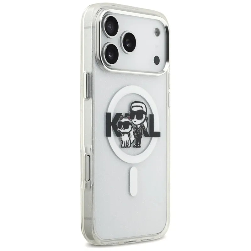 Karl Lagerfeld IML Blizgučiai Karl & Choupette eskizo logotipas MagSafe - Dėklas, skirtas iPhone 17 Pro Max (skaidrus)