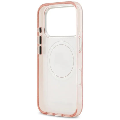 Karl Lagerfeld IML blizgučiai su Karl & Choupette galvų logotipu, MagSafe dėklas iPhone 17 Pro (rožinis)