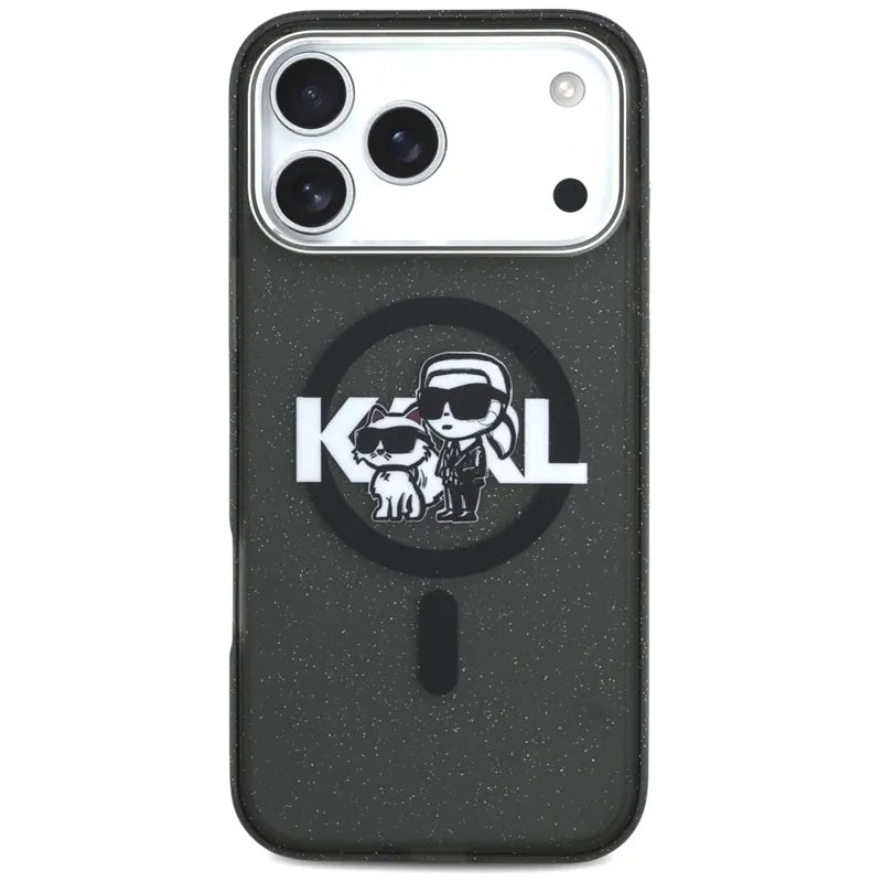 Karl Lagerfeld IML Blizgučių Karl & Choupette eskizo logotipas MagSafe - dėklas iPhone 17 Pro Max (juodas)