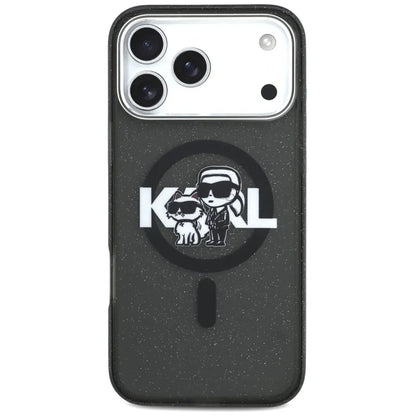 Karl Lagerfeld IML Blizgučių Karl & Choupette eskizo logotipas MagSafe - dėklas iPhone 17 Pro Max (juodas)
