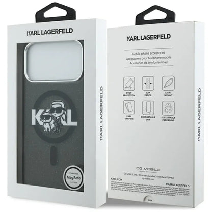 Karl Lagerfeld IML Blizgučių Karl & Choupette eskizo logotipas MagSafe - dėklas iPhone 17 Pro Max (juodas)