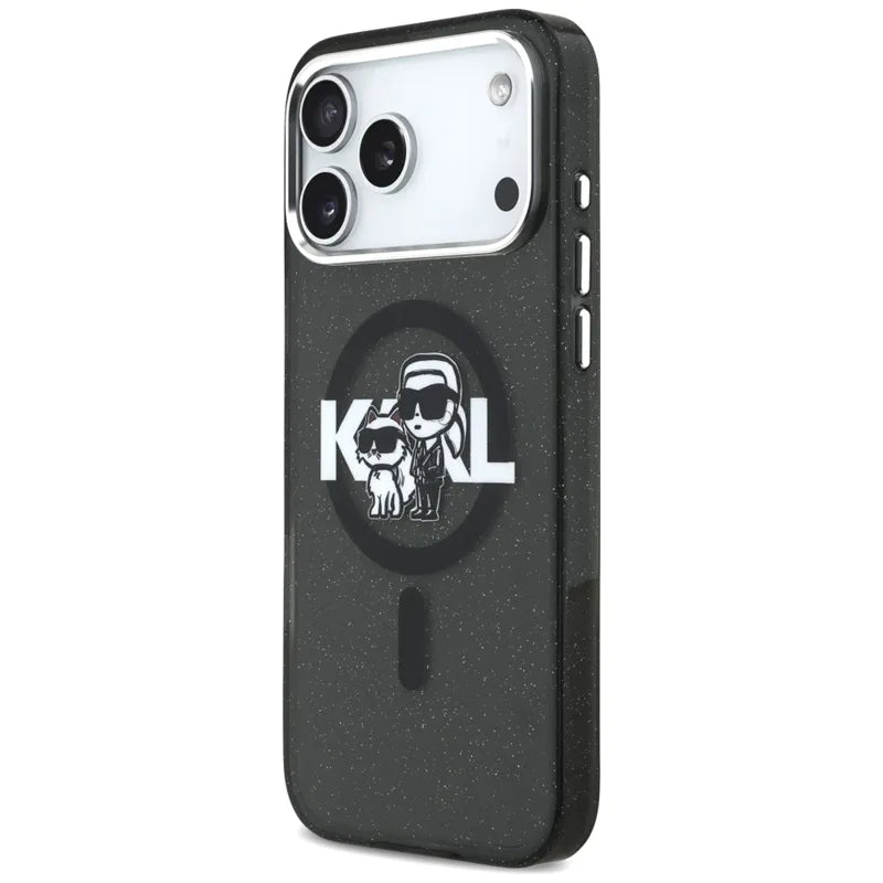 Karl Lagerfeld IML Blizgučių Karl & Choupette eskizo logotipas MagSafe - dėklas iPhone 17 Pro Max (juodas)