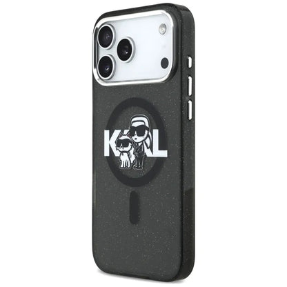 Karl Lagerfeld IML Blizgučių Karl & Choupette eskizo logotipas MagSafe - dėklas iPhone 17 Pro Max (juodas)