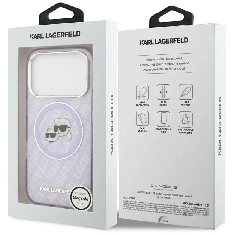 Karl Lagerfeld IML Blizgučių Karl & Choupette Galvų Logotipas MagSafe - Dėklas iPhone 17 Pro (violetinės)