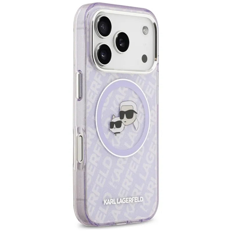 Karl Lagerfeld IML Blizgučių Karl & Choupette Galvų Logotipo MagSafe - Dėklas iPhone 17 Pro Max (violetinis)