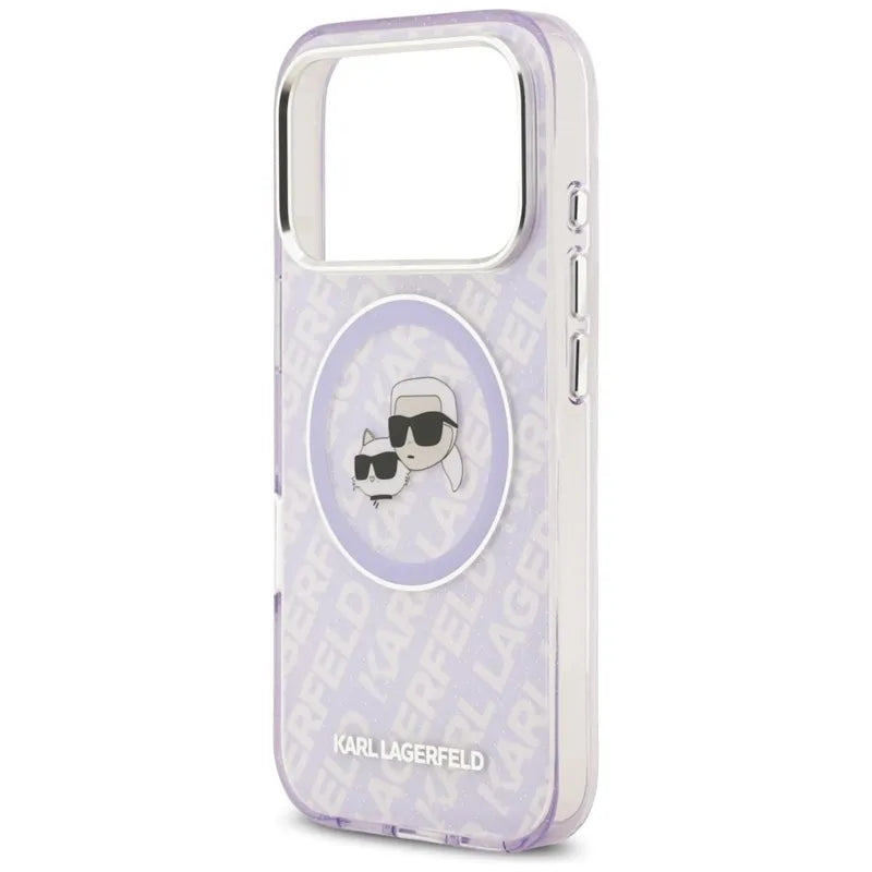 Karl Lagerfeld IML Blizgučių Karl & Choupette Galvų Logotipo MagSafe - Dėklas iPhone 17 Pro Max (violetinis)