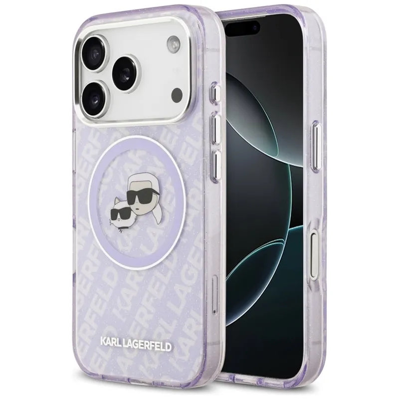 Karl Lagerfeld IML Blizgučių Karl & Choupette Galvų Logotipo MagSafe - Dėklas iPhone 17 Pro Max (violetinis)