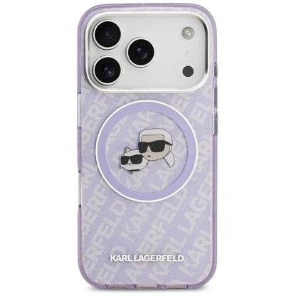 Karl Lagerfeld IML Blizgučių Karl & Choupette Galvų Logotipo MagSafe - Dėklas iPhone 17 Pro Max (violetinis)