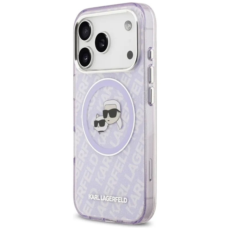 Karl Lagerfeld IML Blizgučių Karl & Choupette Galvų Logotipo MagSafe - Dėklas iPhone 17 Pro Max (violetinis)
