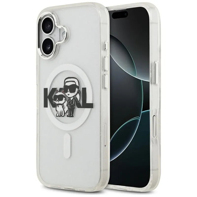 Karl Lagerfeld IML blizgučių Karl & Choupette pieštuko eskizo logotipas MagSafe – Dėklas, skirtas iPhone 17 (skaidrus)