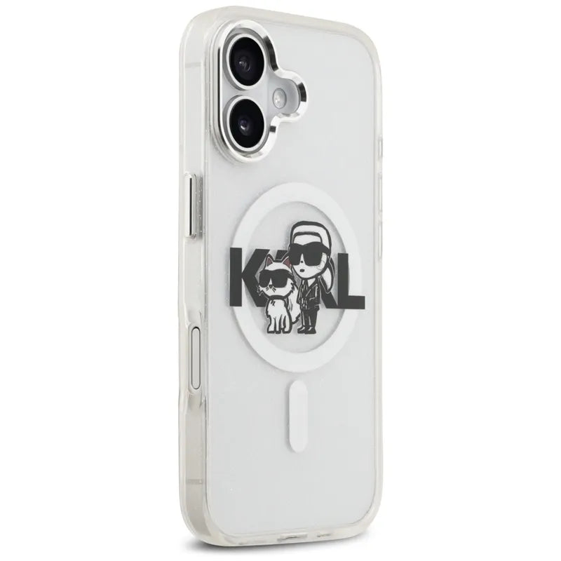 Karl Lagerfeld IML blizgučių Karl & Choupette pieštuko eskizo logotipas MagSafe – Dėklas, skirtas iPhone 17 (skaidrus)