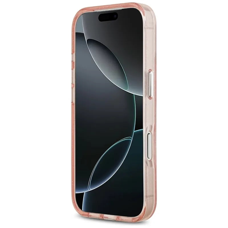 Karl Lagerfeld IML blizgučių Karlo & Choupette galvų logotipas MagSafe dėklas iPhone 17 Pro Max (rožinis)