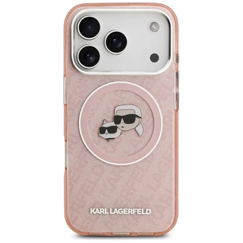 Karl Lagerfeld IML blizgučių Karlo & Choupette galvų logotipas MagSafe dėklas iPhone 17 Pro Max (rožinis)