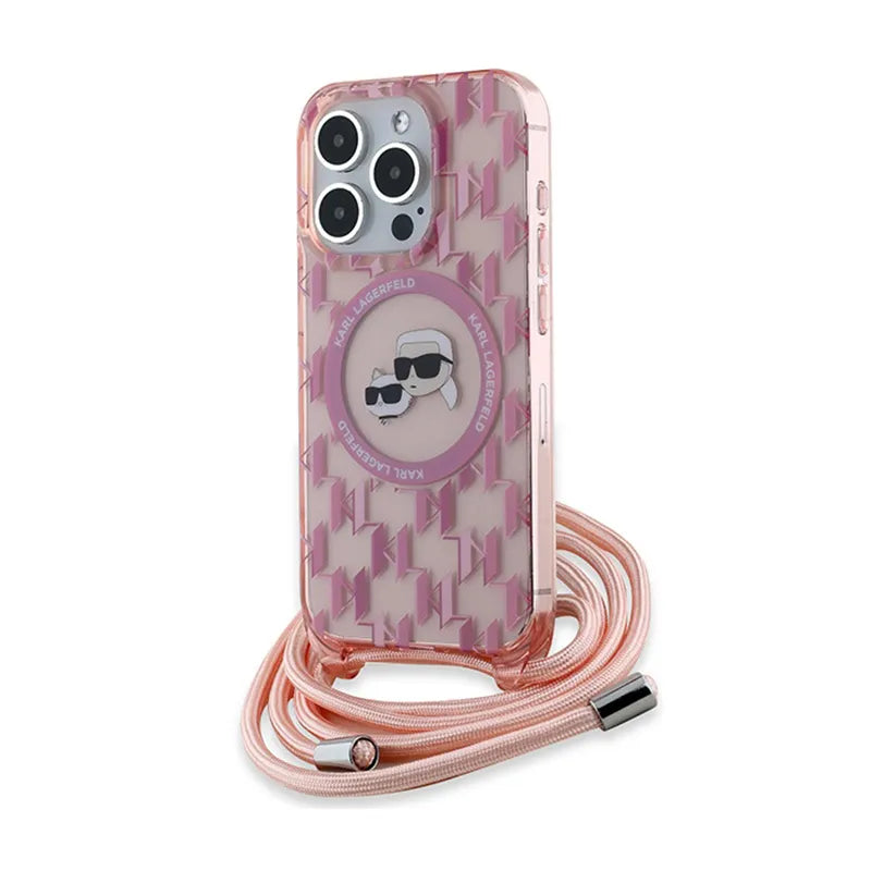 Karl Lagerfeld IML Crossbody Monogram Karl & Choupette galvos MagSafe dėklas skirta iPhone 15 Pro Max (Rožinė)
